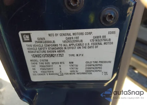 2005 Chevrolet Tahoe Z71 z USA, uszkodzony, nr VIN 1GNEC13TX5R211757